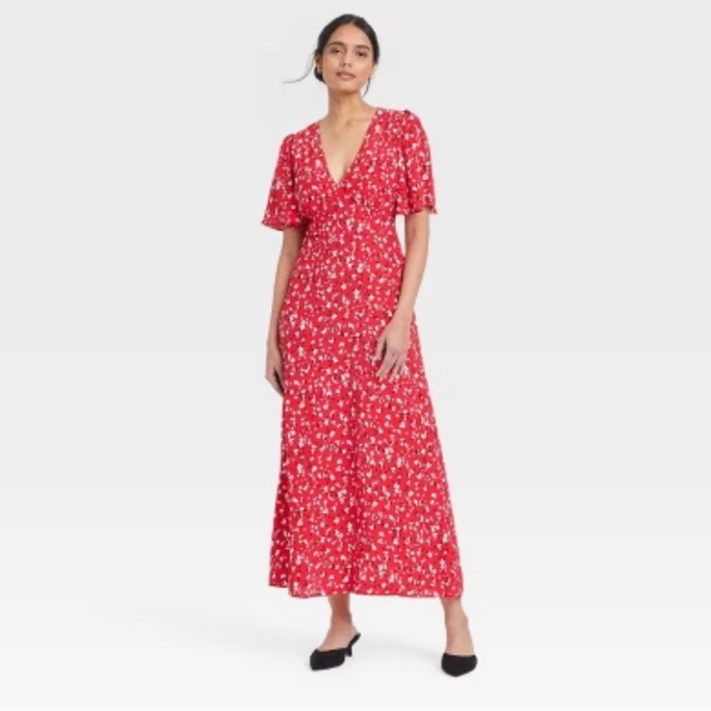 Women's Short Sleeve Maxi Sundress - A‎ New Day Red Floral V Neck Sz 4